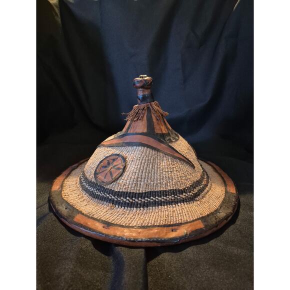 Authentic, AFRICAN CONICAL FULANI HAND WOVEN HAT WITH LEATHER TRIM main image 6